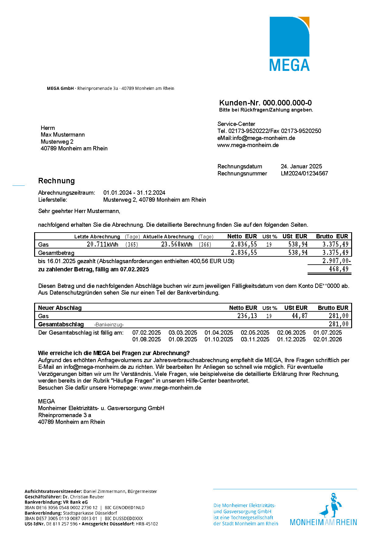 Erdgasabrechnung Seite 1 (Deckblatt)