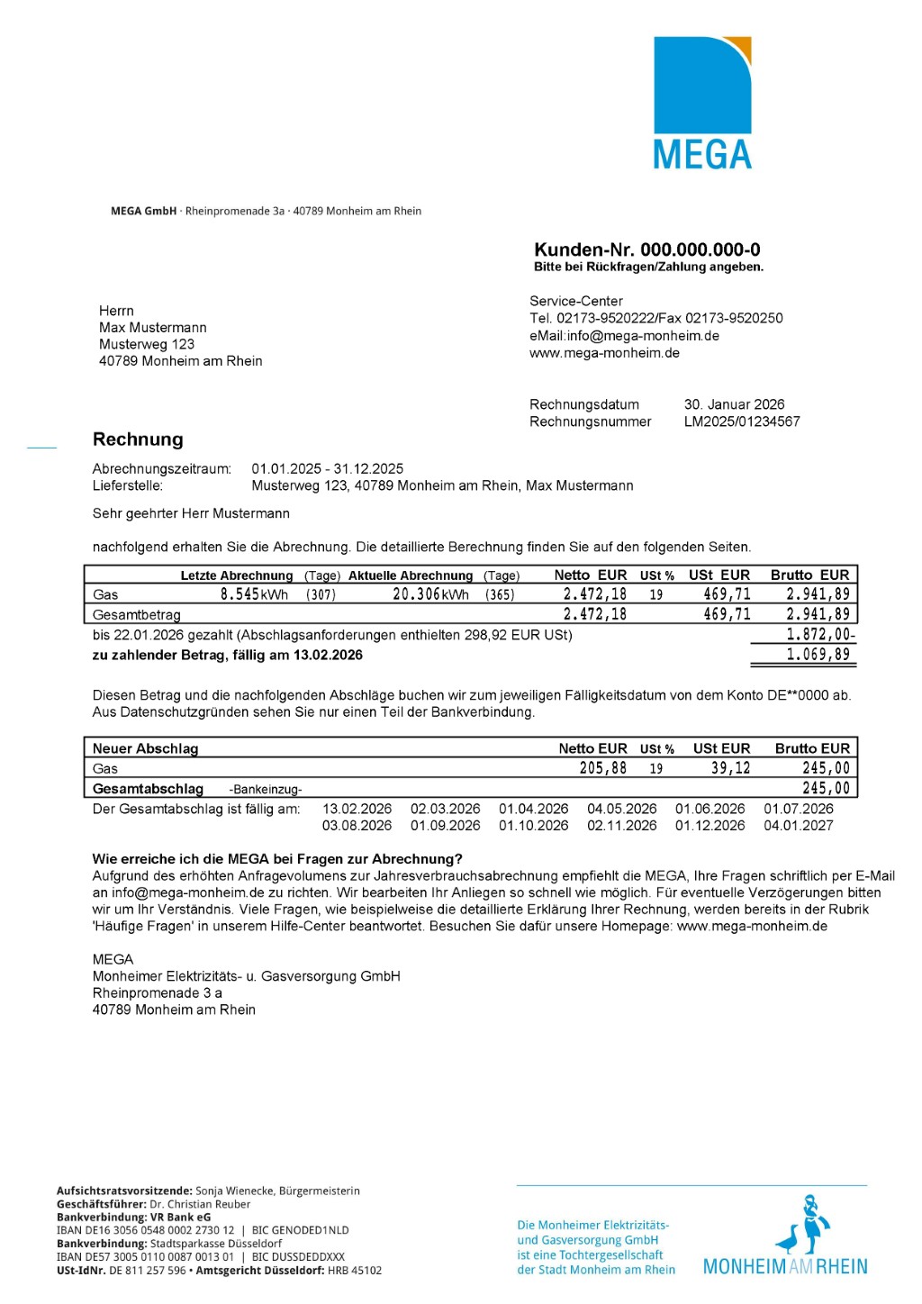 Musterrechnung Grundversorgung Erdgas Seite 1