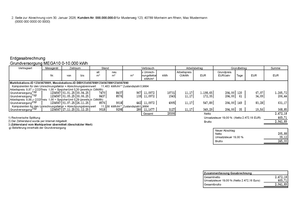 Musterrechnung Grundversorgung Erdgas Seite 2