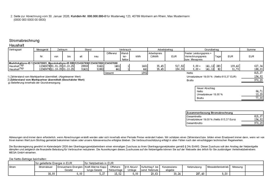 Musterrechnung Grundversorgung Strom Seite 2